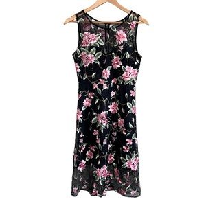 Lulus Black Floral Mesh Midi Dress with Pink Embroidery Small